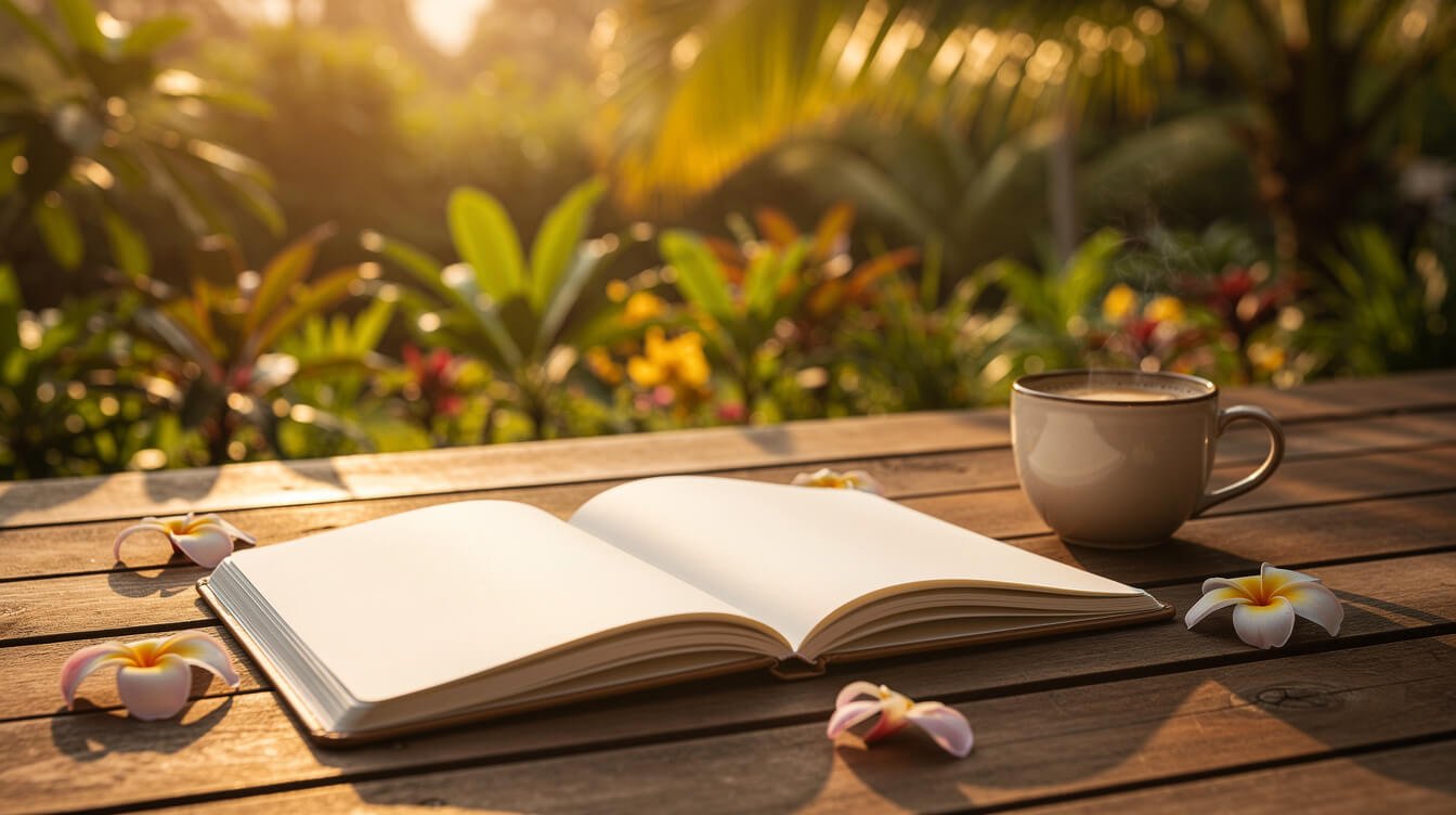 Open notebook on tropical deck with frangipani petals