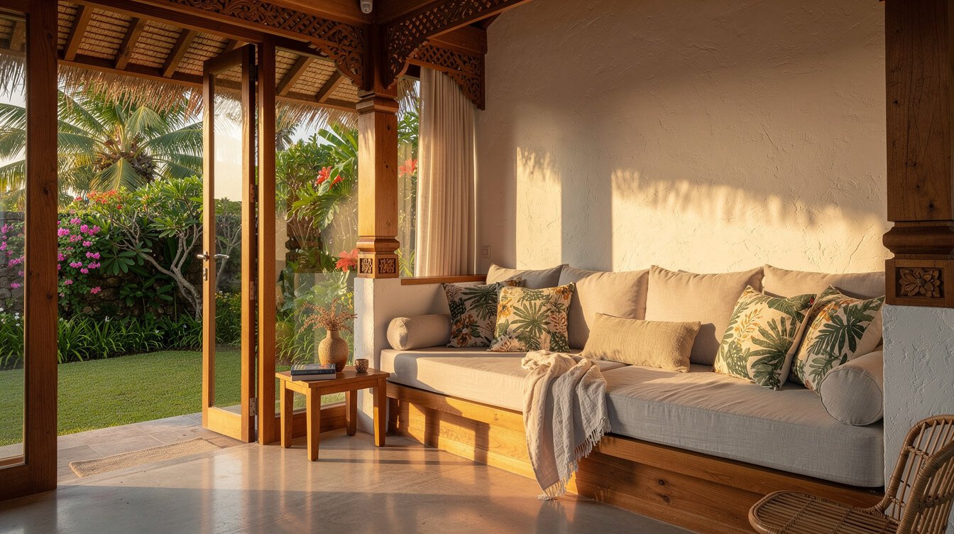 Cozy Balinese villa reading nook with tropical garden view