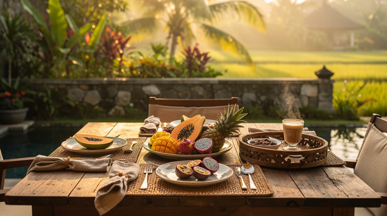 Authentic Balinese breakfast setting on a villa terrace