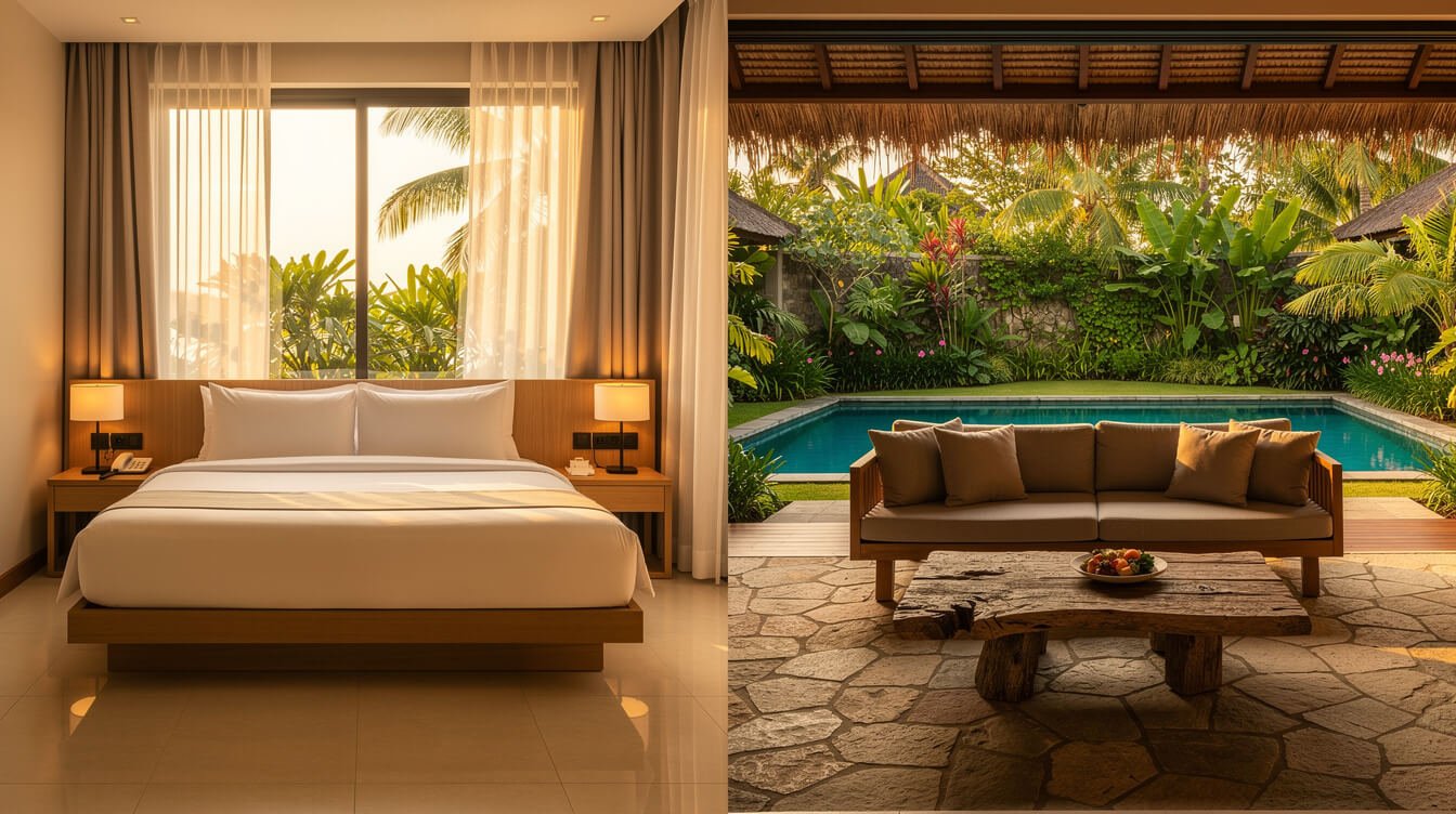 Comparison of hotel room and private villa living space in Bali