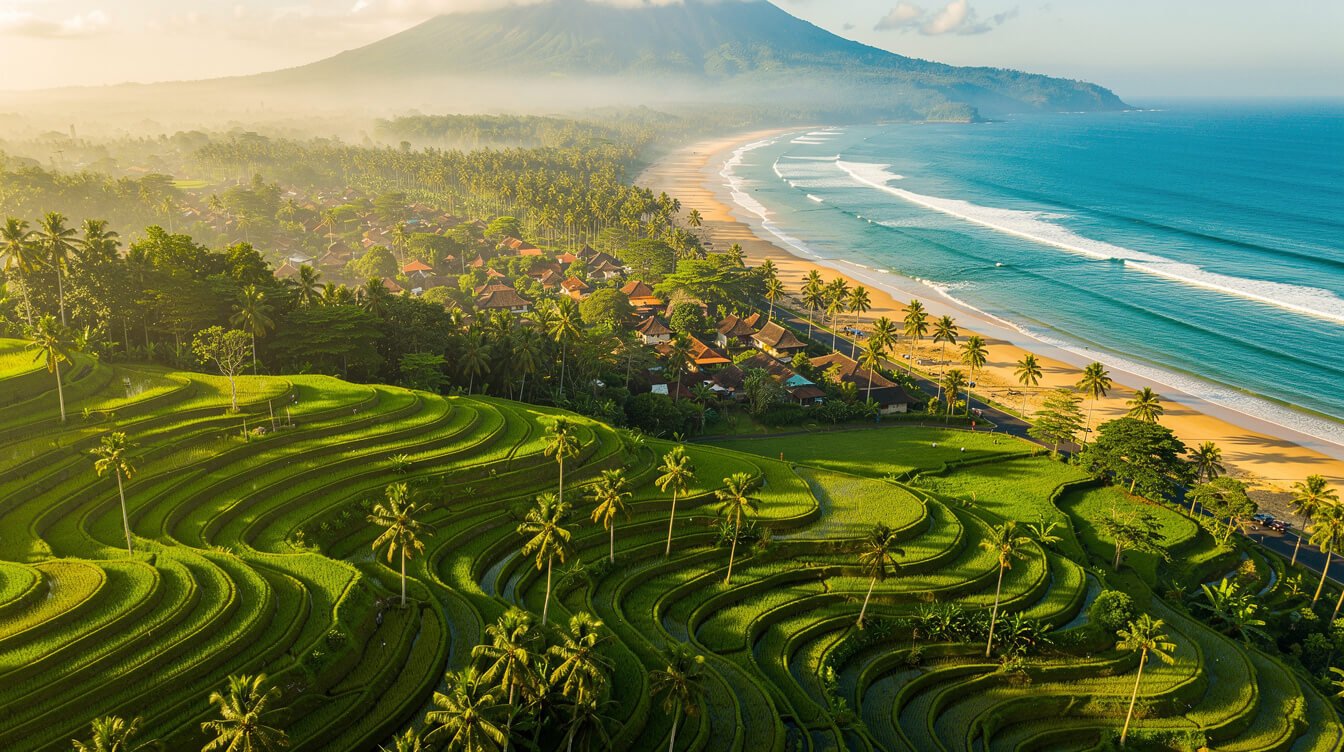 Aerial view of Bali showing diverse geography from mountains to coast