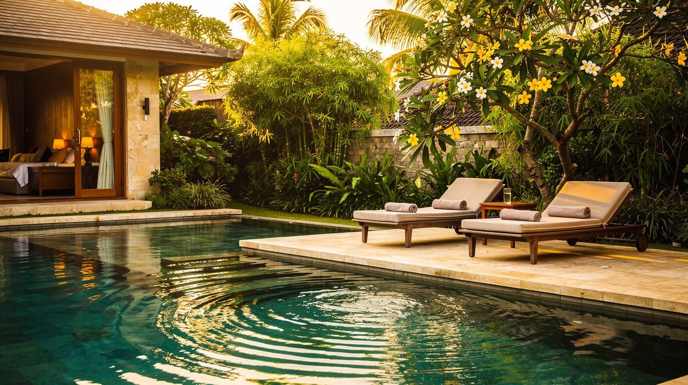 Private pool villa in Bali at golden hour