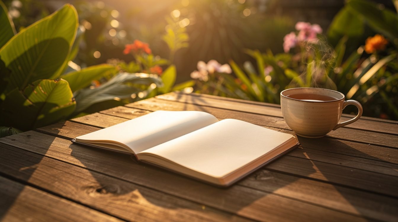 Notebook and tea on Bali terrace at sunset