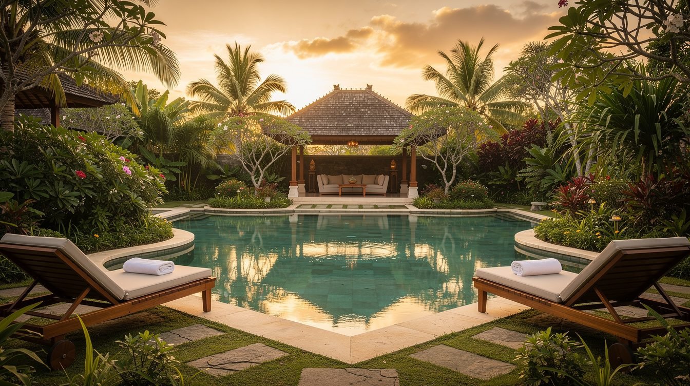 Bali villa swimming pool with tropical garden in afternoon light
