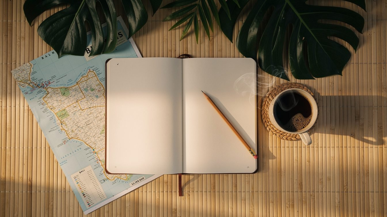 travel journal and Bali map with coffee for trip planning