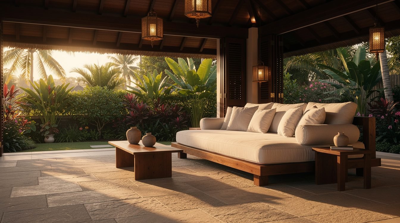 elegant Bali living space with tropical garden view