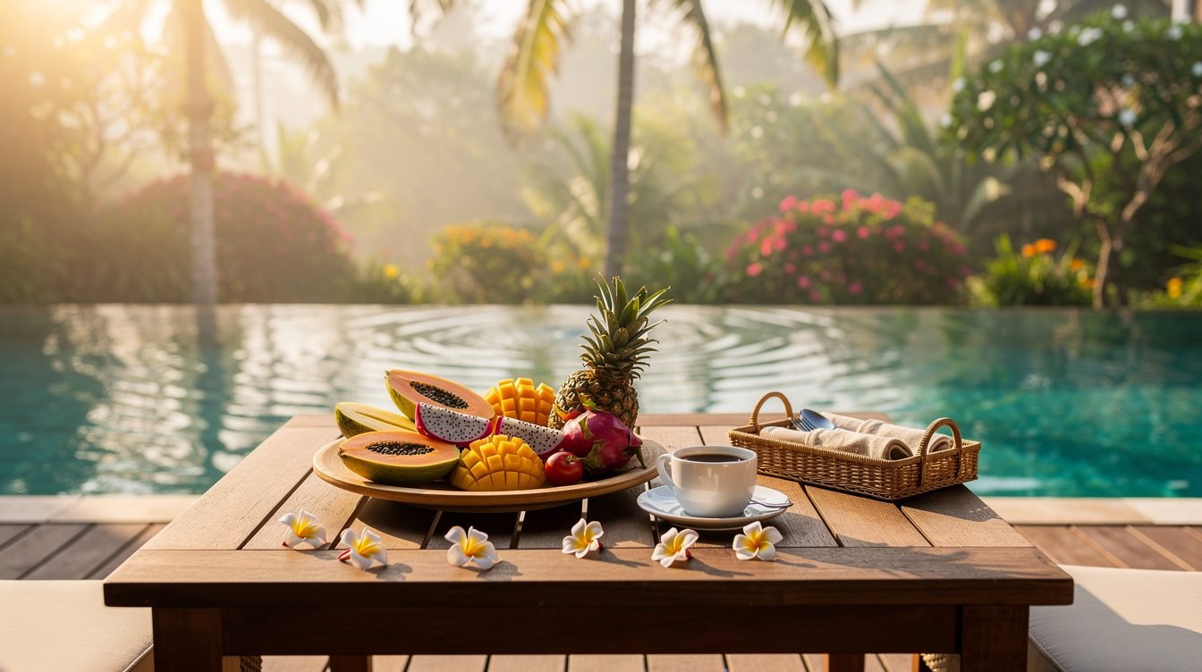 Bali villa breakfast on pool deck with tropical fruit