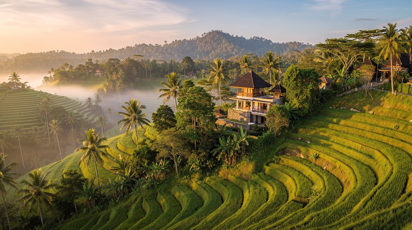 Ubud Bali rice terraces with luxury villa