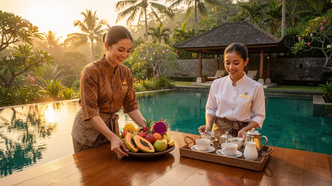 villa staff preparing breakfast in Ubud Bali