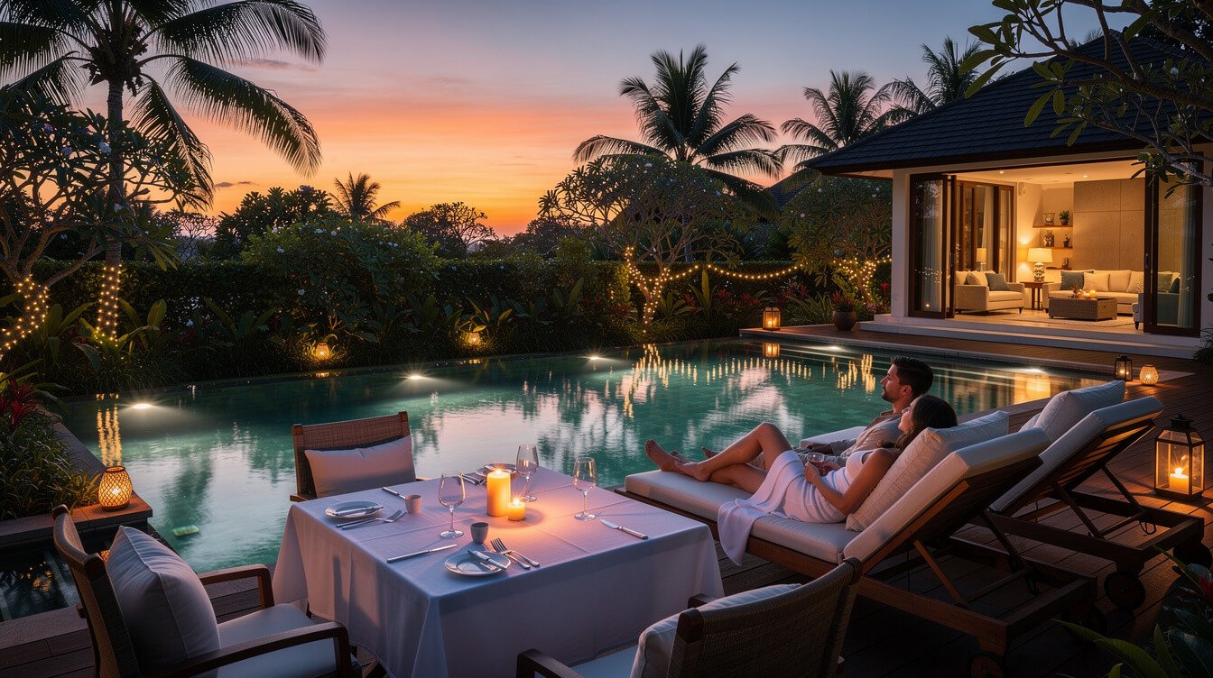evening at a luxury villa pool in Ubud Bali