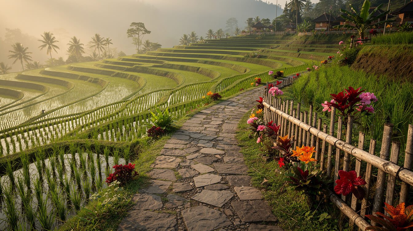 Walking path through Bali rice terrace paddies