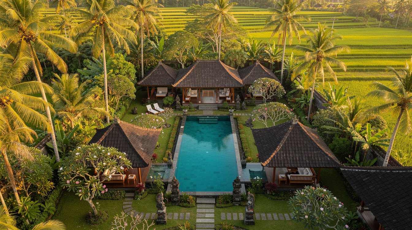 Aerial view of a staffed villa compound in Ubud surrounded by rice paddies
