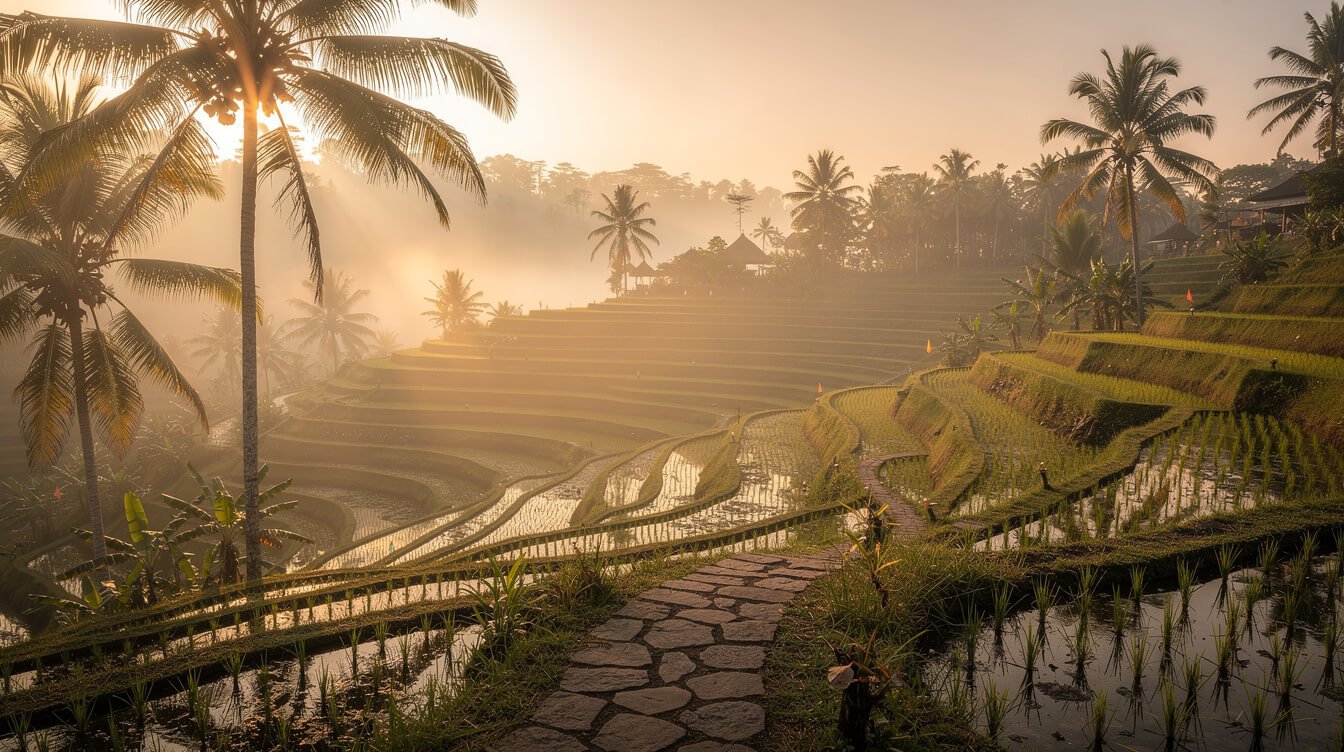 Misty sunrise over Ubud rice terraces