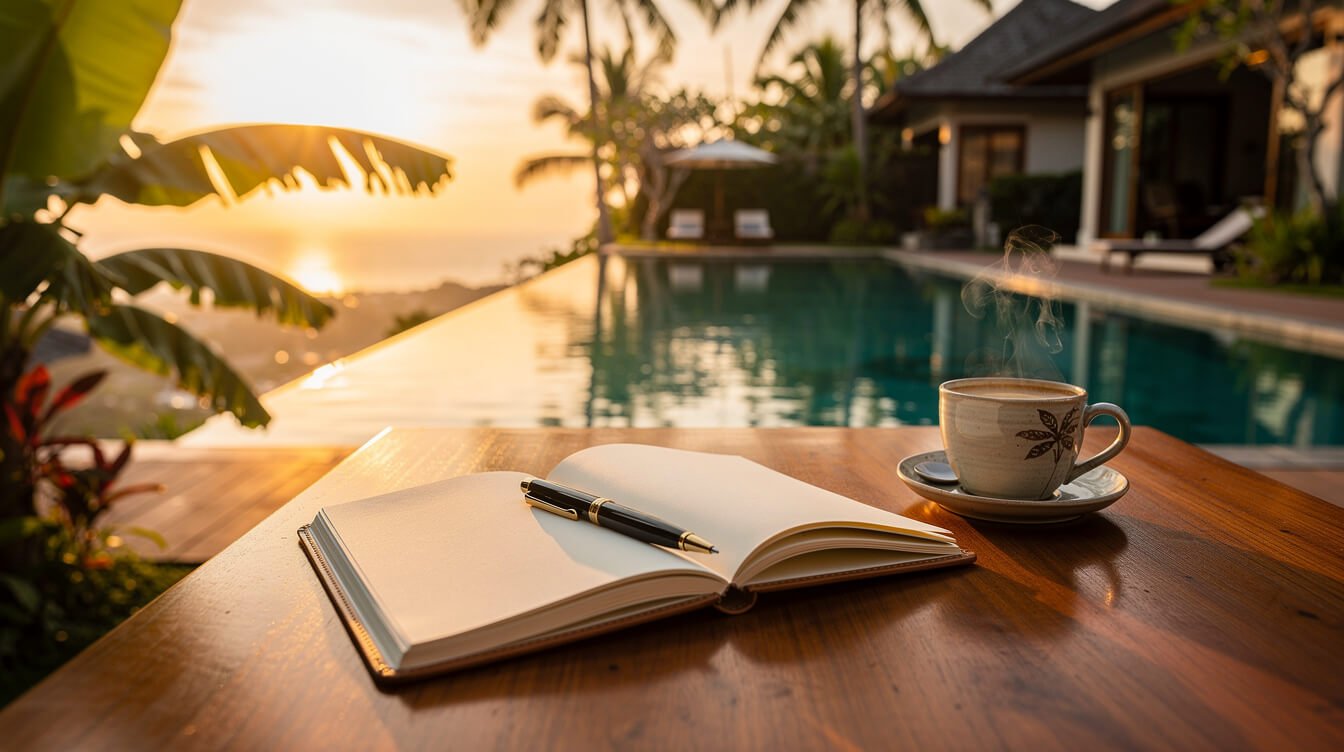 Notebook and coffee on a villa terrace in Ubud at sunset
