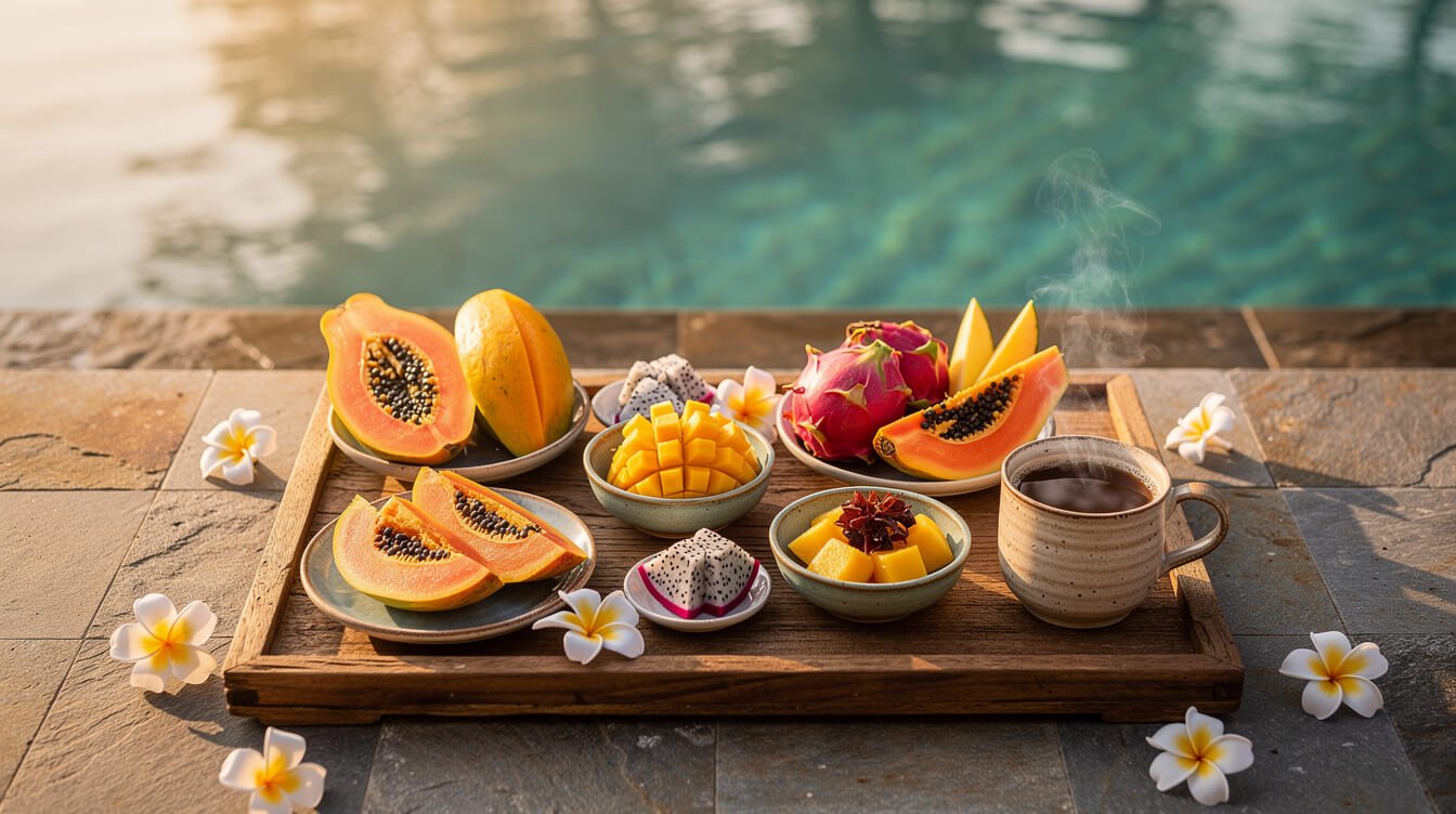Fresh tropical breakfast served at a staffed villa in Ubud
