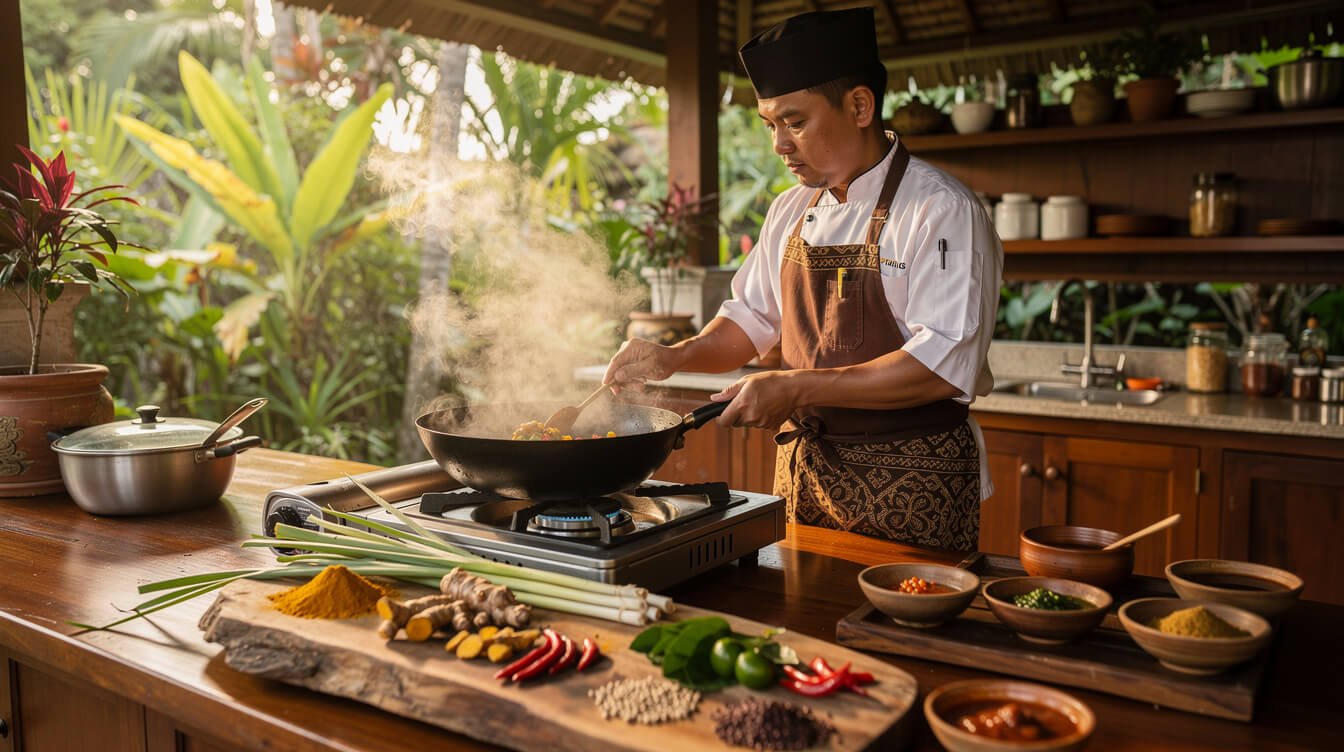 Balinese chef preparing fresh cuisine in an Ubud villa kitchen