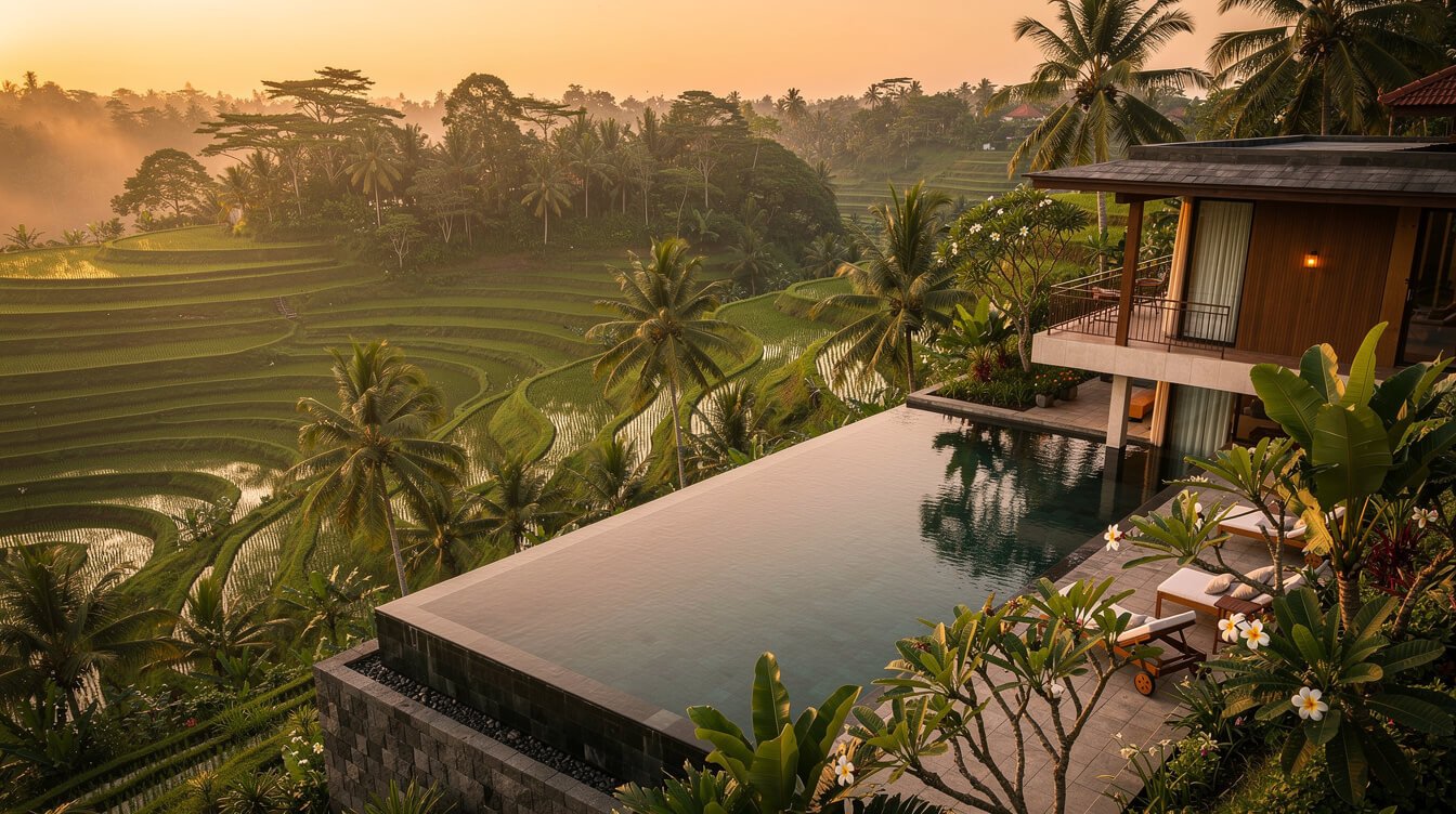 Private villa pool overlooking Ubud rice terraces at golden hour
