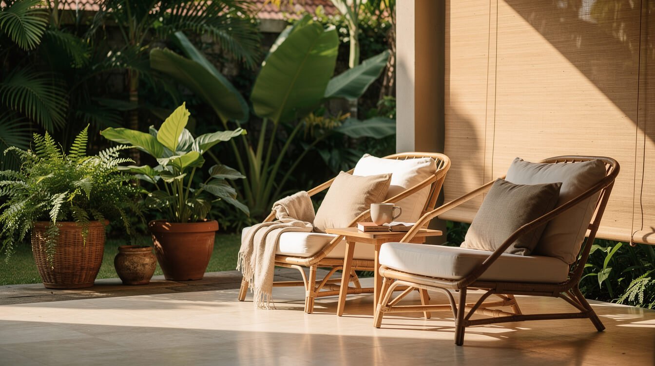 Peaceful villa terrace in Ubud with comfortable seating and tropical plants