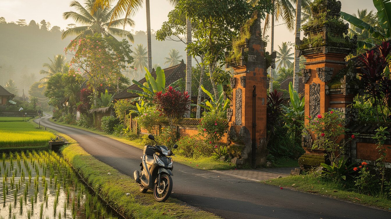 Traditional Ubud village road with Balinese gate and tropical greenery