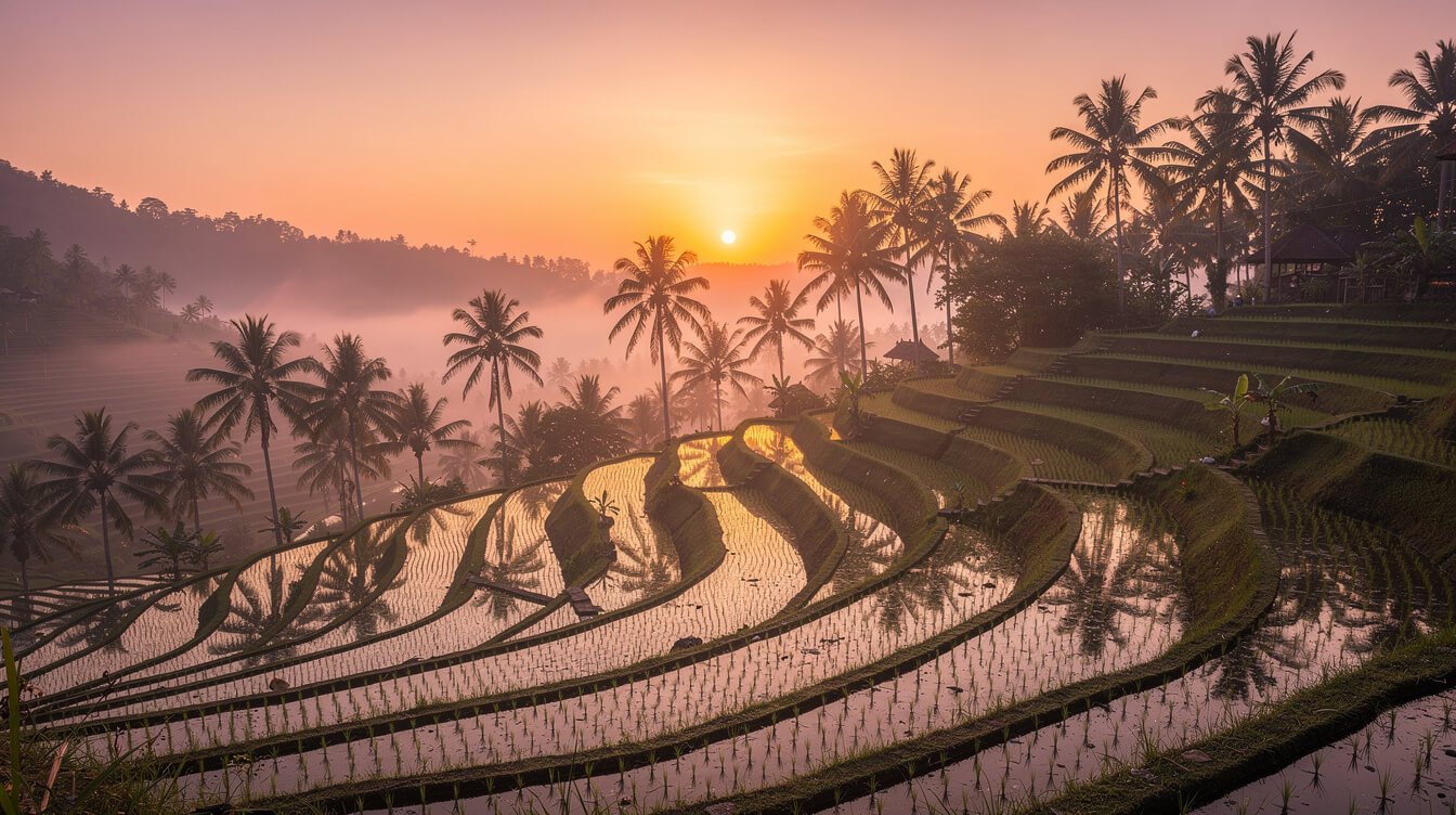 Sunrise over flooded Bali rice terrace paddies