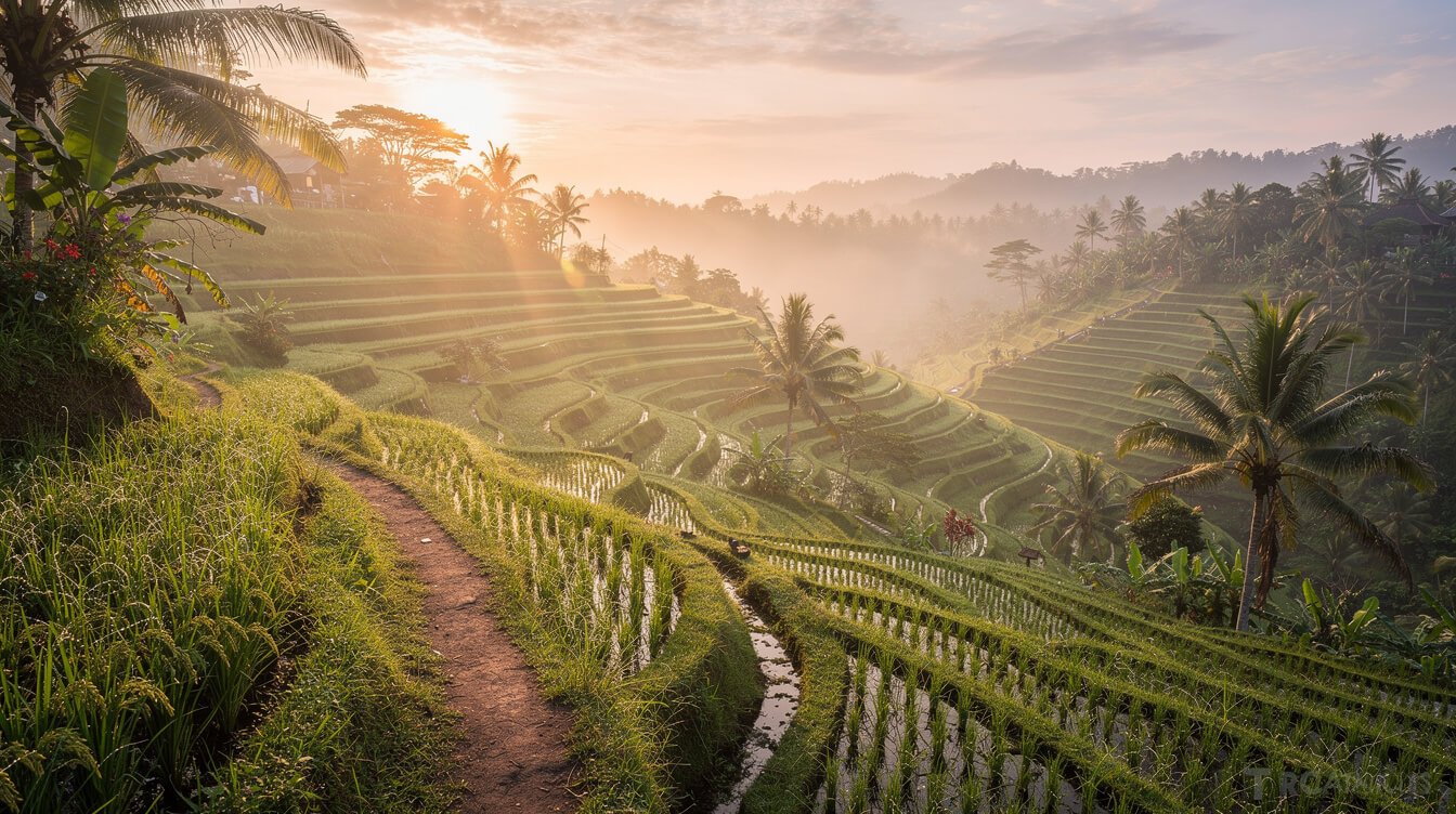 Warm Ubud morning rice terrace scene