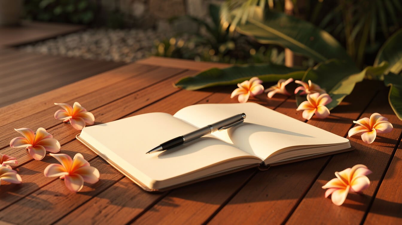 Notebook on Bali villa deck with tropical leaves