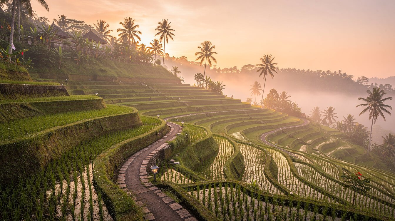 Early morning sunrise at Tegallalang rice terrace with golden light and mist