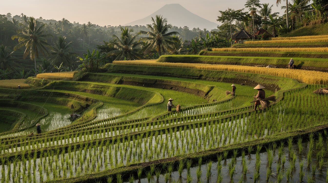 Rice terraces showing different stages of rice growth at Tegallalang Bali