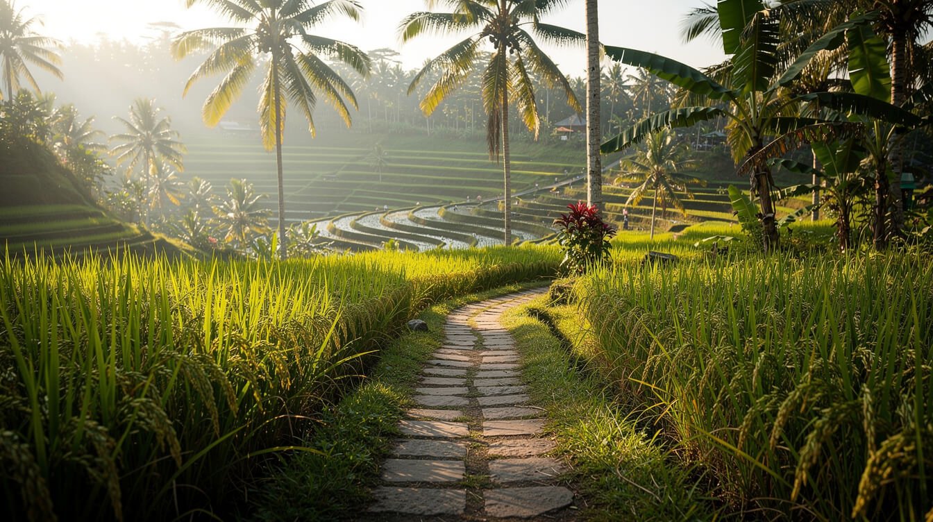 Hidden walking path through Tegallalang rice terrace Ubud Bali