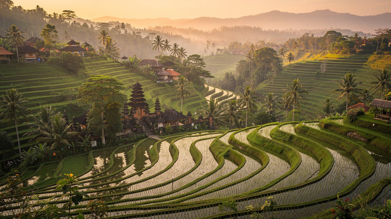 Ubud countryside panorama with rice terraces and Balinese temple