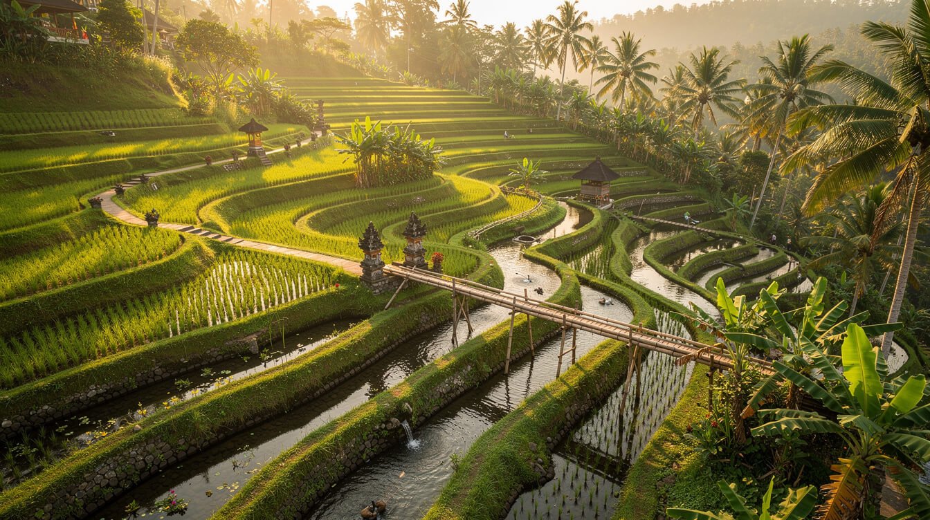 Subak water management system channels at Tegallalang rice terrace Ubud