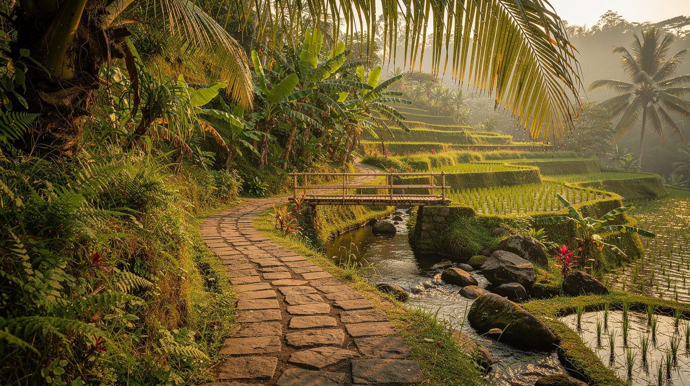 Lesser-known walking trail through rice terraces near Tegallalang Ubud
