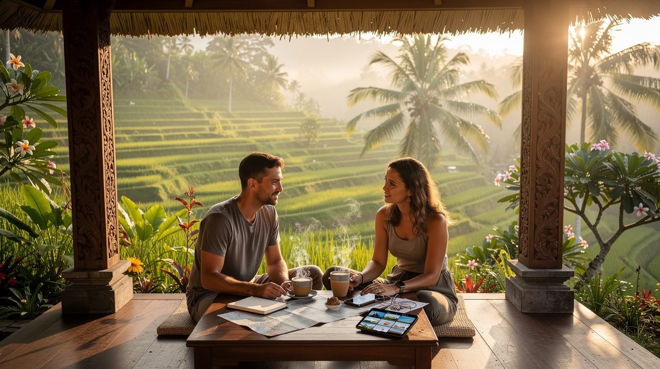 Couple on a Balinese villa terrace overlooking rice terraces