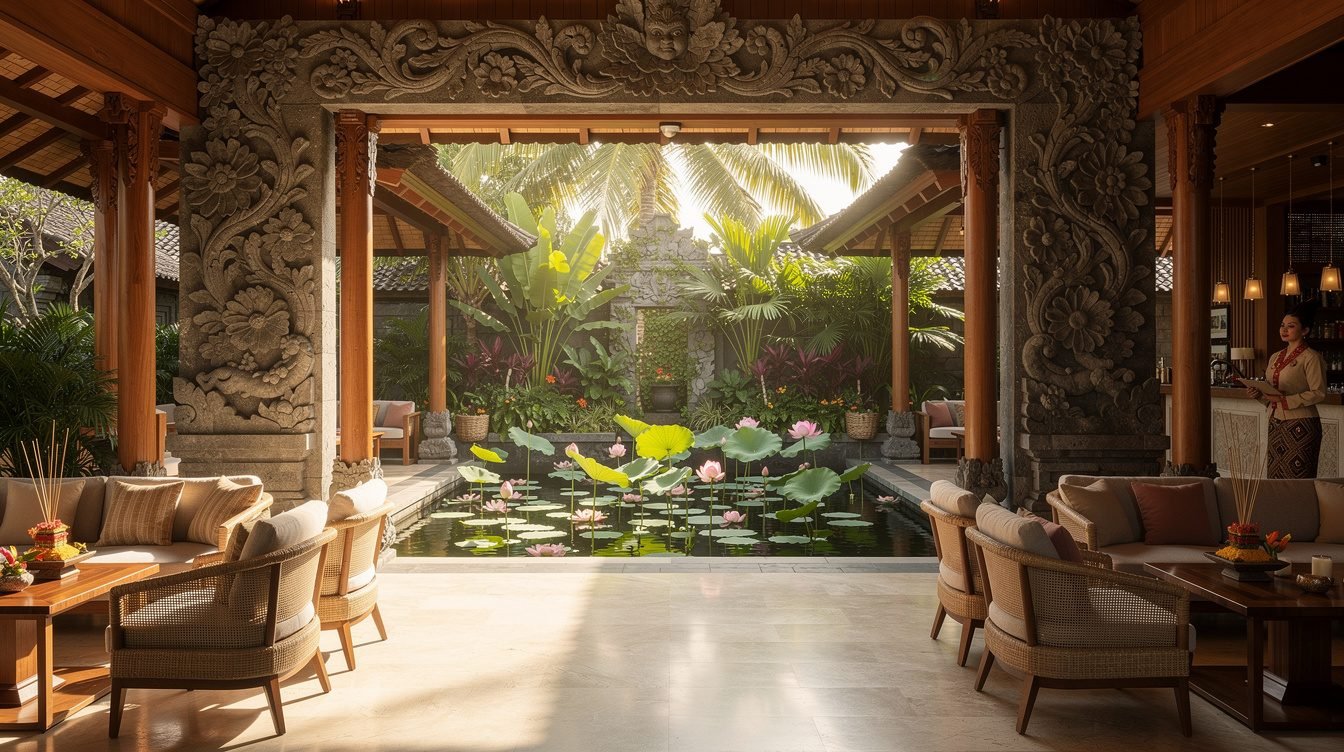 Balinese boutique hotel lobby with tropical open-air design