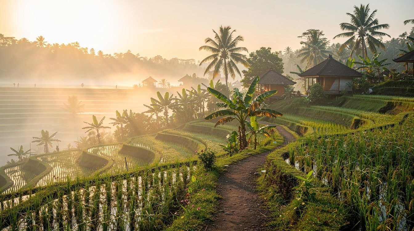 Misty Ubud rice terraces at sunrise