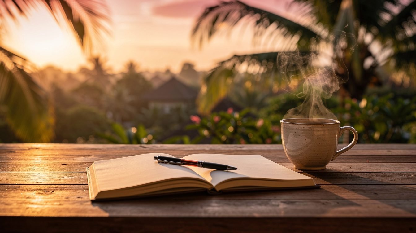 Notebook and coffee on a Bali villa terrace