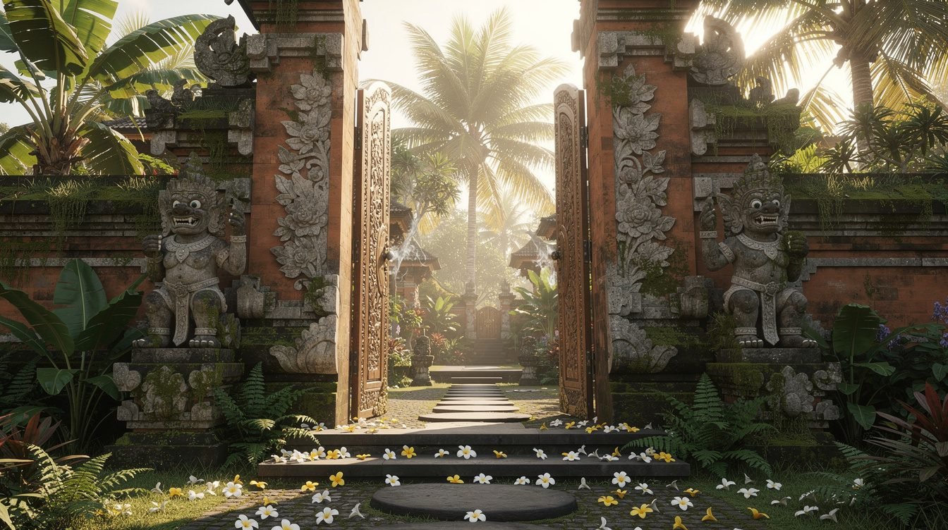Traditional Balinese doorway leading into tropical courtyard