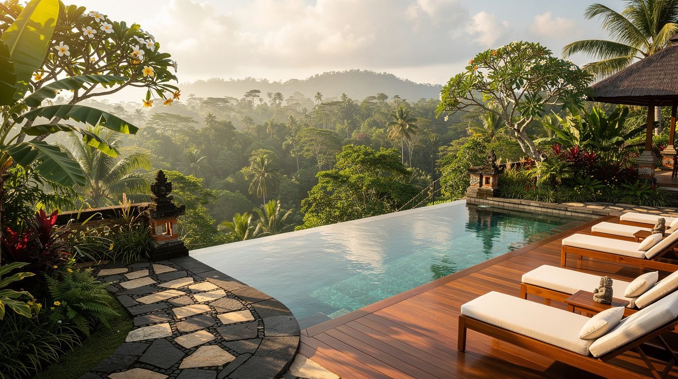 Luxury infinity pool overlooking Ubud jungle valley
