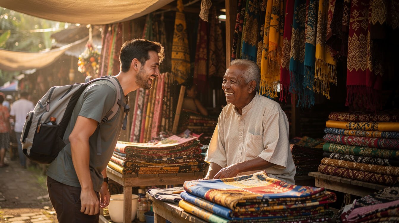Friendly vendor interaction at Ubud market textiles stall