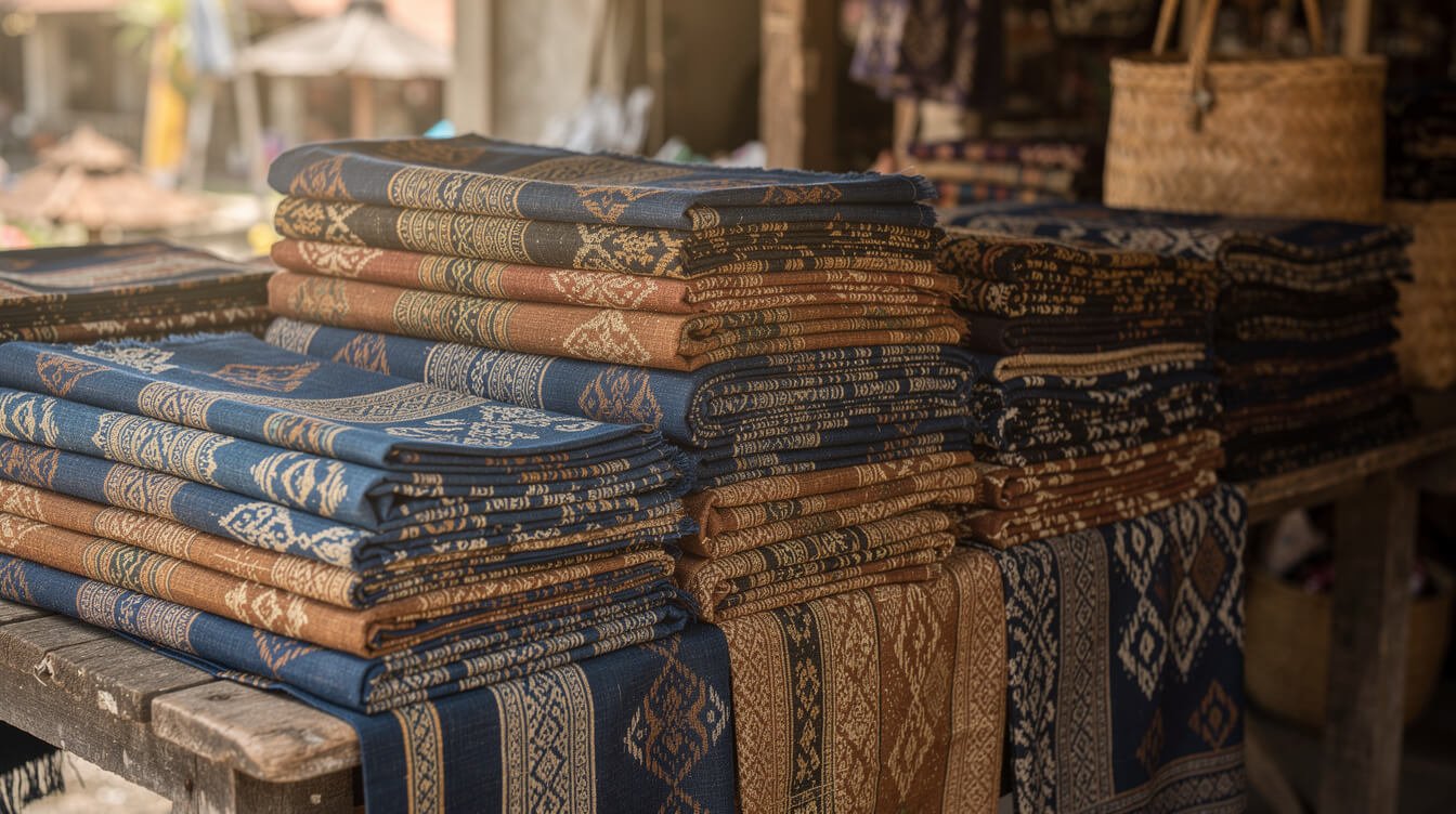 Traditional Balinese ikat textiles and batik at Ubud market