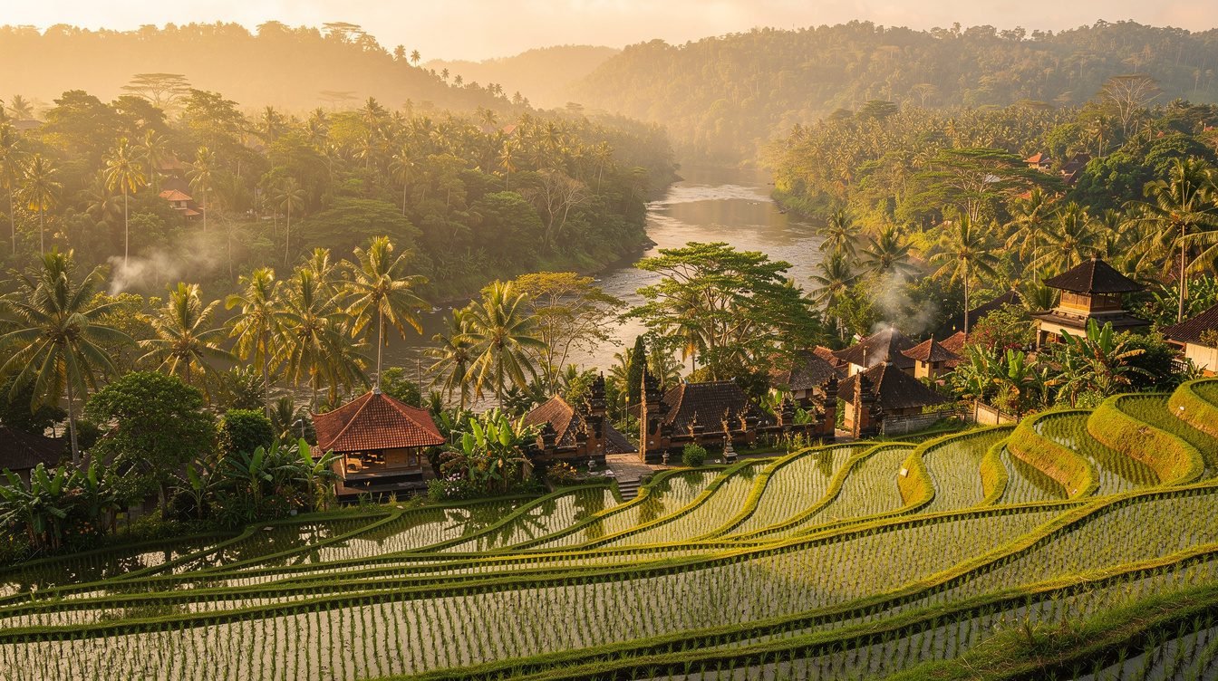 Panoramic view of Ubud neighborhoods and rice terraces