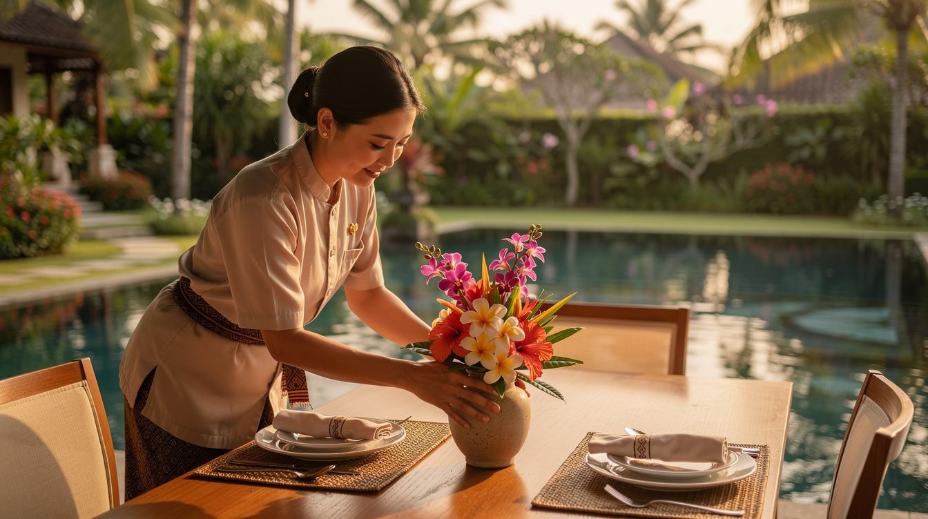 Balinese villa staff arranging flowers on dining table