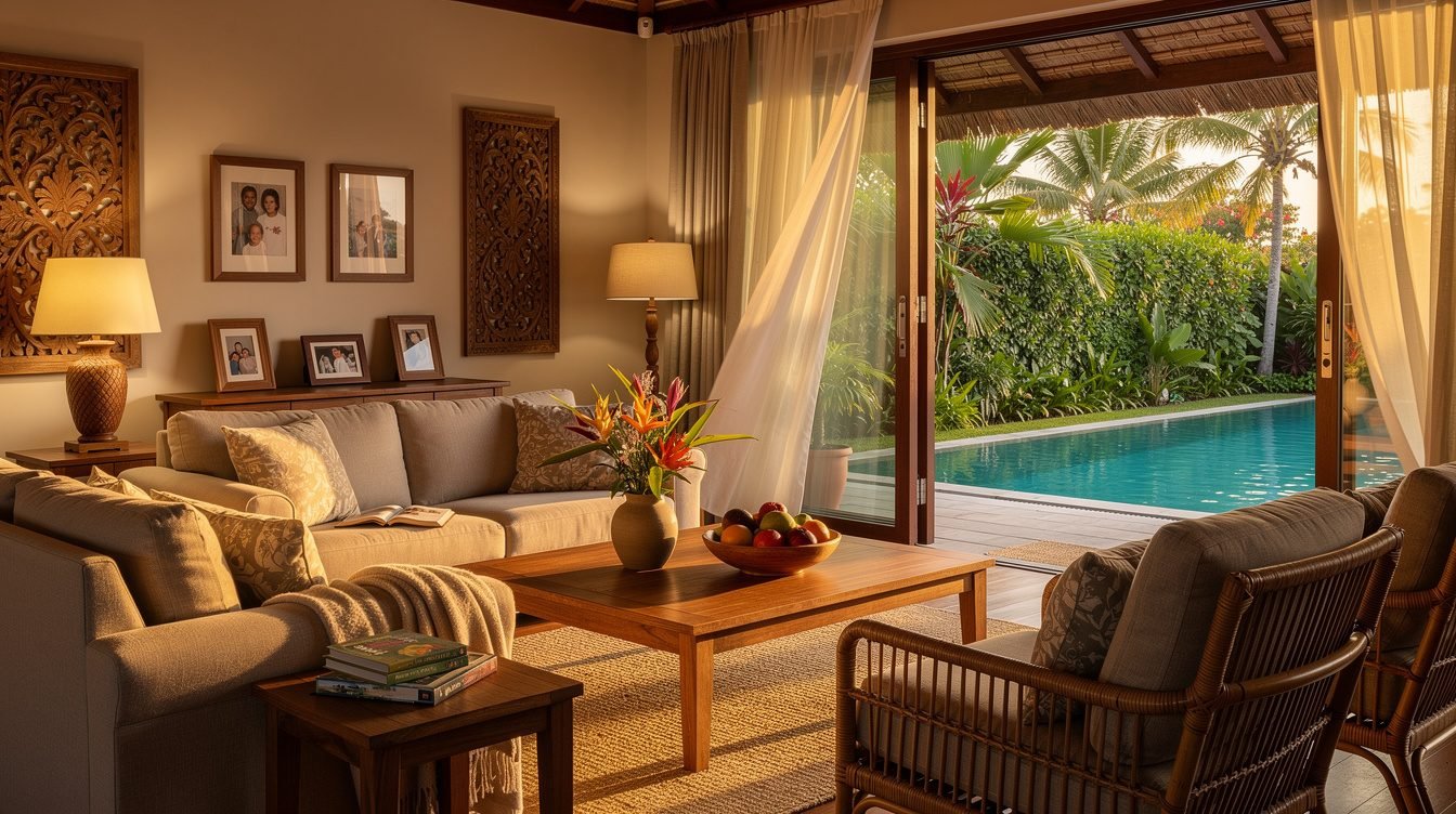 Private villa living room with Balinese decor and tropical garden
