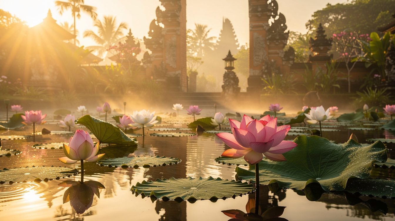 morning golden light over lotus pond at ubud water palace