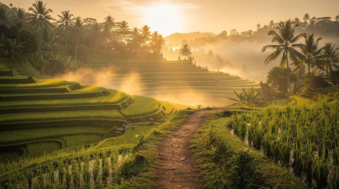 Ubud rice terraces morning mist sunrise