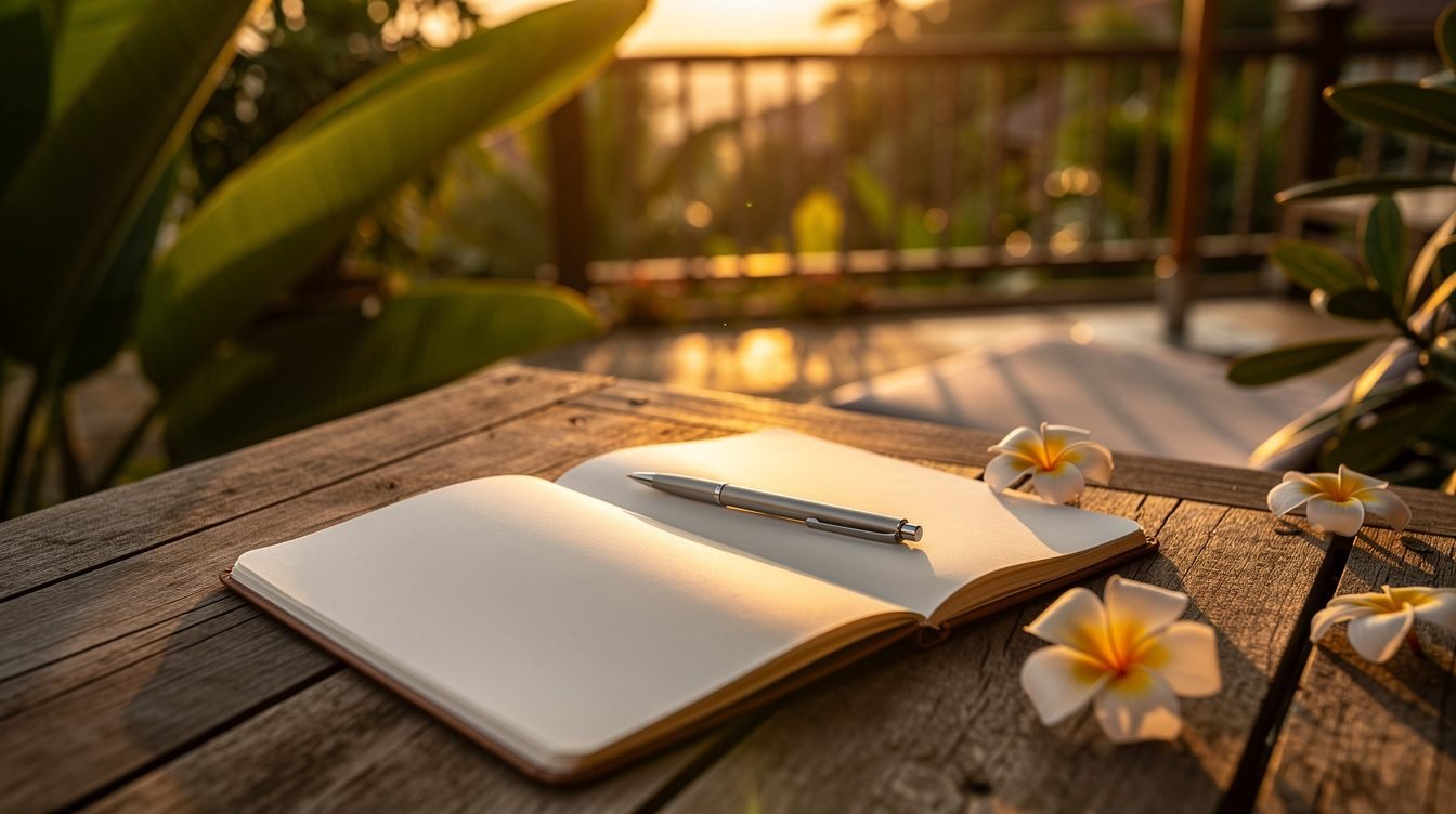 Open notebook with tropical leaves on villa deck