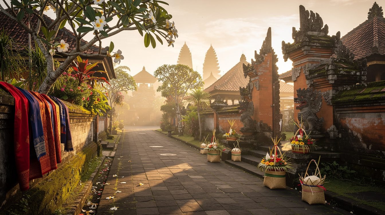 Balinese temple village street with sarong and offerings