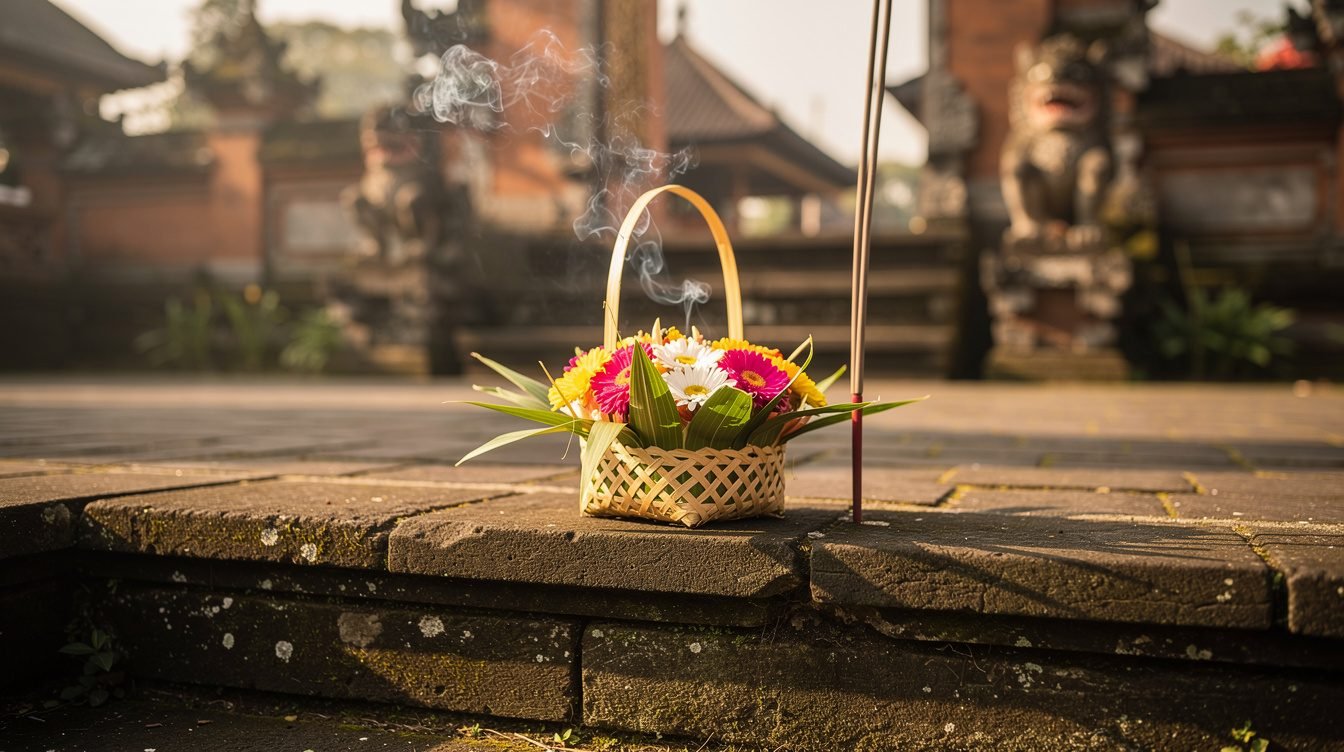 Balinese canang sari offering with flowers on temple steps