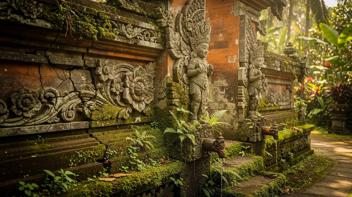 ancient Balinese stone carvings at ubud water palace temple