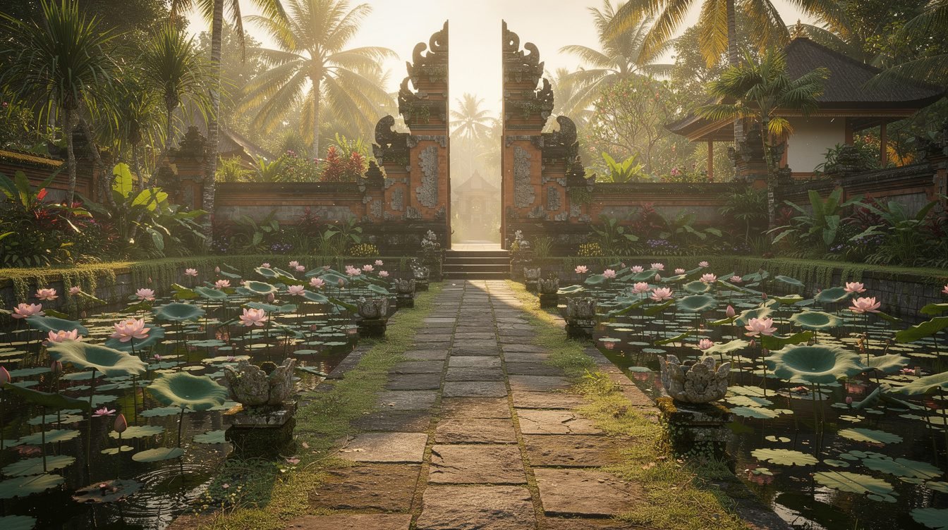 stone pathway through ubud water palace lotus garden